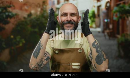 Homme chauve barbu en salopette avec tatouages et gants pose de manière créative à l'extérieur sur une rue pittoresque de la ville. Banque D'Images