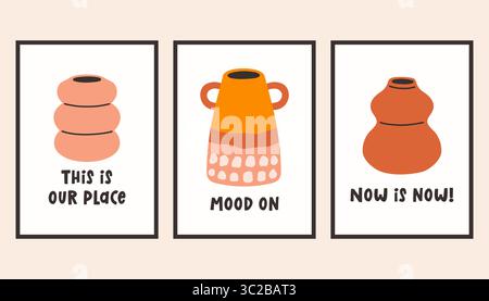 Ensemble d'affiches intérieures décoratives dopaminergiques. Arts muraux à la mode avec différents objets dans un style plat simple. Décorations intérieures naïves modernes, peintures Illustration de Vecteur