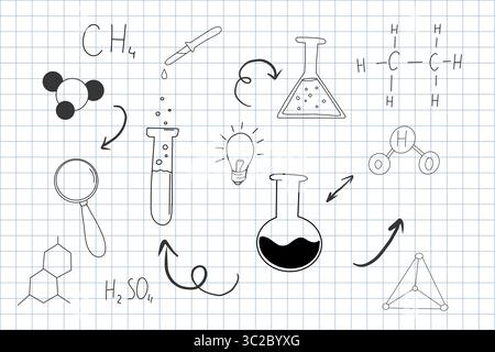 Icônes de lignes de griffonnage dessinées à la main pour la recherche en chimie. Flacons et tubes de retour aux éléments de l'école. Dessin de laboratoire de sciences de l'éducation. Illustration vectorielle Illustration de Vecteur