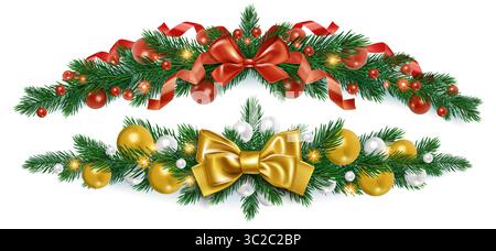 Décorations guirlande d'arbre de Noël avec branches de pin à feuilles persistantes, noeud et boules de ruban rouge, noeud en satin doré avec ornements de boule jaune. Bordures festives et séparateurs pour les motifs de vacances de Noël. Illustration de Vecteur