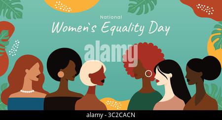 Affiche nationale de la Journée de l'égalité des femmes avec silhouettes féminines et vecteur de feuilles exotiques. Illustration de Vecteur