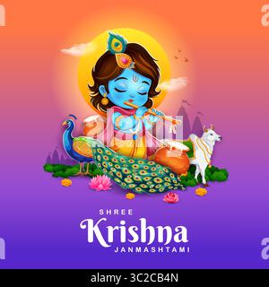 Seigneur Bal Krishna dans le fond de fête religieuse de l'Inde pour la célébration de Shri Krishna Janmashtami Illustration de Vecteur