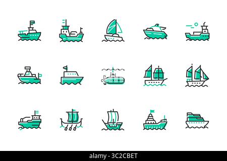 Transport par eau - ensemble d'icônes de style de conception de ligne Illustration de Vecteur