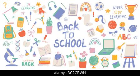 Illustration de la rentrée des classes. Mettez en place les fournitures scolaires. Élément coloré de l'école, papeterie dans le style doodle shabby. Illustration vectorielle plate. Illustration de Vecteur
