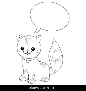 Chaton de dessin animé mignon avec une bulle de discours. Chat mignon qui parle ou miaule. Infobulle vierge pour ajouter du texte. Coloriage noir et blanc. Banque D'Images