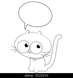 Chat de dessin animé avec une bulle de discours. Chaton mignon qui parle ou miaule. Infobulle vierge pour ajouter du texte. Coloriage noir et blanc. Banque D'Images