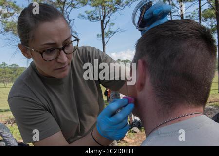 Le 21 mai 2019 - Comayagua, Honduras - le sergent-chef Melinda Gates de l'armée américaine, élément médical Bravo de la Force opérationnelle interarmées, responsable de l'EMT, crée des blessures simulées sur les participants à un exercice de recherche et de sauvetage le 21 mai 2019, à Comayagua, au Honduras. Des membres de diverses unités de la Force opérationnelle interarmées Bravo ont participé à l'exercice simulant l'écrasement d'un HH-60 Blackhawk lors d'un vol de routine transportant du personnel. L'exercice a pratiqué la notification, le rappel, la recherche et le sauvetage, les soins médicaux sur place, la récupération du personnel de terrain austère bas et haut angle, et les soins médicaux une fois que le blessé re Banque D'Images