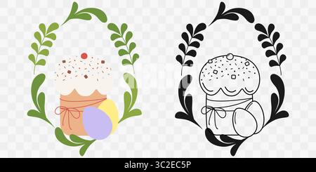 Gâteau de Pâques décoré et oeufs avec feuilles décoratives cadre ovale bordure colorée et encre option Set. Illustration vectorielle isolée cartes thématiques de voeux de Pâques invitation ou bannière promo, dépliants, étiquettes Illustration de Vecteur