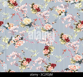 Un motif floral délicat avec des fleurs en fleurs et de petits oiseaux sur fond de fines rayures bleu marine, évoquant un a vintage et naturel Banque D'Images