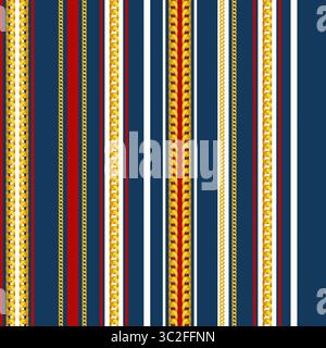Un luxueux motif sans couture avec des rayures verticales audacieuses en bleu marine, rouge et blanc, entrelacées avec des chaînes dorées ornées, évoquant un sentiment de vi Banque D'Images
