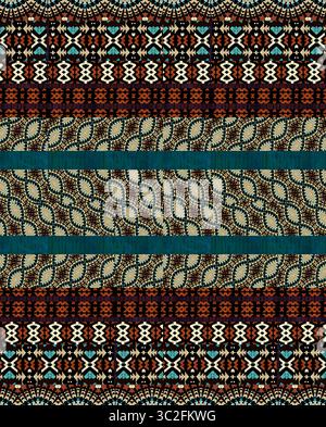Un motif très détaillé, richement texturé, sans couture inspiré des textiles tribaux et ethniques, avec des bandes horizontales de motifs complexes et répétitifs Banque D'Images