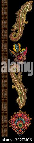 Un motif cachemire et floral orné avec des broderies complexes, mettant en valeur des éléments de design ethnique traditionnel sur un fond sombre Banque D'Images
