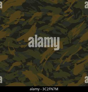Un motif camouflage dynamique avec des coups de pinceau dans les tons de vert et de marron, évoquant un sens de design militaire et de dissimulation des bois Banque D'Images