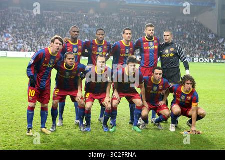 Victor Valdes, Daniel Alves, Gerard pique, Carles Puyol, Xavi Hernandez, David Villa, Andres Iniesta, Lionel Messi, Seydou Keita, Sergio Busquets et Eric Abidal du FC Barcelone à Copenhague - 02 novembre 2010 Banque D'Images