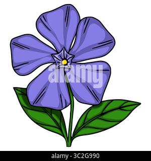 Illustration vectorielle d'une fleur de pervenche stylisée avec des pétales violets vibrants et des feuilles vert foncé, mettant en valeur une esthétique unique dessinée à la main. Illustration de Vecteur