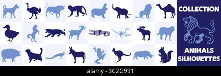 Une collection de diverses silhouettes d'animaux dans des tons bleus disposés sur un fond à carreaux Illustration de Vecteur