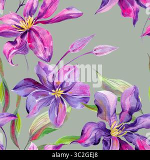 Fleurs et bourgeons Clematis, feuilles multicolores, gracieux motif sans couture sur fond pastel vert Banque D'Images