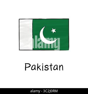 Doodle vectoriel dessiné à la main du drapeau national du Pakistan. Illustration de style dessin animé minimaliste. Idéal pour les projets éducatifs, design de voyage, infog Illustration de Vecteur