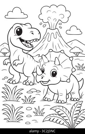 Mignons dinosaures près du volcan en éruption en coloriage. Illustration de Vecteur