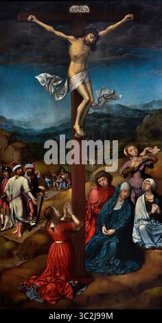 La Crucifixion, huile sur panneau de bois (vers 1520) par Frey Carlos. Représente Marie Madeleine et la Vierge en deuil. Collection du Groeningemuseum, Bruges, Flandre, Belgique. (Voici votre paquet de métadonnées Alamy optimisé généré précisément pour ce chef-d'œuvre de la Renaissance du Nord du XVIe siècle : "Kruisiging" (La Crucifixion) (vers 1520) par le maître peintre de la Renaissance flamande Frey Carlos (Frei Carlos), conservé et exposé de manière permanente au Groeningemuseum à Bruges, Belgique.) Banque D'Images