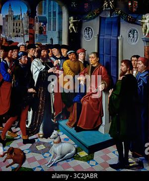 Arrestation de Sisamnes par Cambyses 1498 au XVIe siècle par Gérard David 1450 - 1523 Groeningemuseum, musée municipal, Bruges, Belgique, Belgique, flamand, ( le panneau gauche du jugement de Cambyses montre Cambyses comptant avec insistance les faits de l'accusation. En arrière-plan, Sisamnes reçoit un pot-de-vin sur les marches de sa maison.) Banque D'Images