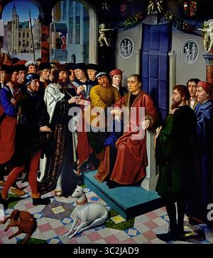 Arrestation de Sisamnes par Cambyses 1498 au XVIe siècle par Gérard David 1450 - 1523 Groeningemuseum, musée municipal, Bruges, Belgique, Belgique, flamand, ( le panneau gauche du jugement de Cambyses montre Cambyses comptant avec insistance les faits de l'accusation. En arrière-plan, Sisamnes reçoit un pot-de-vin sur les marches de sa maison.) Banque D'Images