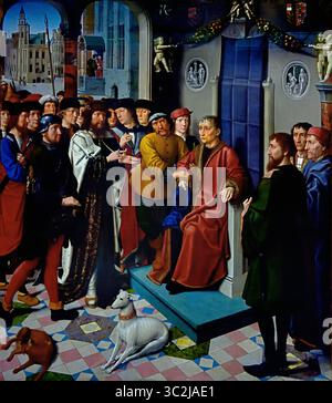 Arrestation de Sisamnes par Cambyses 1498 au XVIe siècle par Gérard David 1450 - 1523 Groeningemuseum, musée municipal, Bruges, Belgique, Belgique, flamand, ( le panneau gauche du jugement de Cambyses montre Cambyses comptant avec insistance les faits de l'accusation. En arrière-plan, Sisamnes reçoit un pot-de-vin sur les marches de sa maison.) Banque D'Images