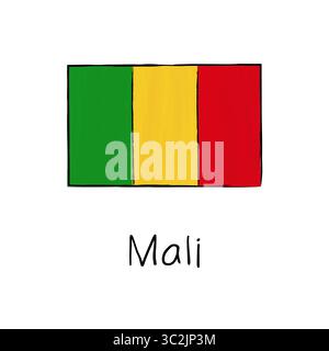 Drapeau du Mali avec contour et signature isolé sur fond blanc. Illustration vectorielle de couleur dessinée à la main dans le style d'esquisse. Illustration de Vecteur