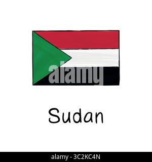 Drapeau du Soudan avec contour et signature sur fond blanc. Illustration vectorielle dessinée à la main dans un style d'esquisse. Idéal pour le matériel éducatif, polit Illustration de Vecteur