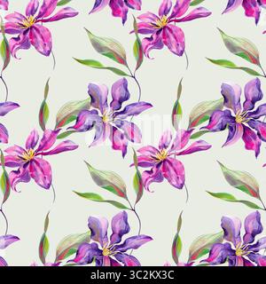 Fleurs et bourgeons Clematis, feuilles multicolores, gracieuses. Motif sans couture sur fond pastel vert. Aquarelle dessinée à la main avec texture Banque D'Images
