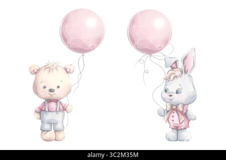 Bear and bunny with balloons. Hand painted watercolor illustration in pastel colors. Beige, pink and grey. Cute baby animal clipart for nursery, baby Banque D'Images