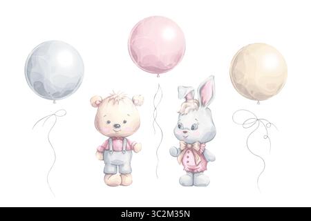 Baby animals and balloons clipart. Hand painted bunny, bear and soft balloon elements for nursery, baby shower, birthday, kids design, and greeting Banque D'Images