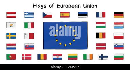 Ensemble vectoriel dessiné à la main de 27 drapeaux de pays de l'Union européenne. Style de contour sur fond blanc. Idéal pour les bannières, affiches éducatives, infographies, pol Illustration de Vecteur