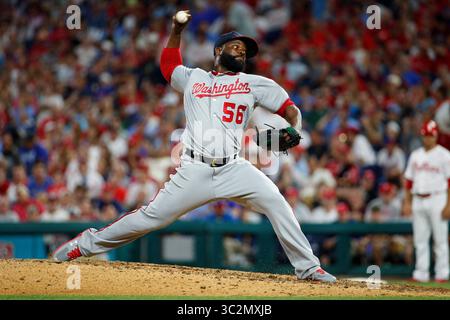 12 juillet 2019 : Fernando Rodney (56 ans), lanceur de secours des Nationals de Washington, lance un pitch pendant le match MLB entre les Nationals de Washington et les Phillies de Philadelphie au Citizens Bank Park à Philadelphie, en Pennsylvanie. Christopher Szagola/CSM(image de crédit : &copy ; Chris Szagola/CSM via ZUMA Wire) Banque D'Images