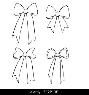 Quatre styles de vecteurs différents d'arcs décoratifs, chacun avec des formes variables et des styles de ruban, soulignés en noir sur un fond blanc. Illustration de Vecteur