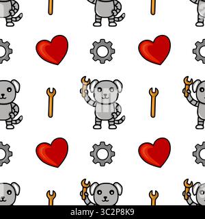 Motif vectoriel sans couture avec des chiens robots mignons tenant des clés, des coeurs et des engrenages, créant un design ludique et charmant idéal pour les produits pour enfants Illustration de Vecteur