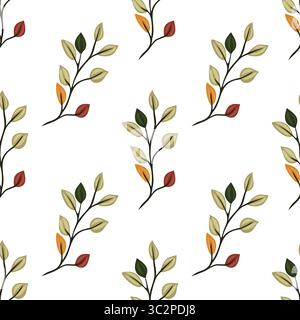 Un motif vectoriel sans couture avec des branches délicates avec des feuilles dans différentes nuances de vert, orange et rouge sur un fond blanc. Illustration de Vecteur
