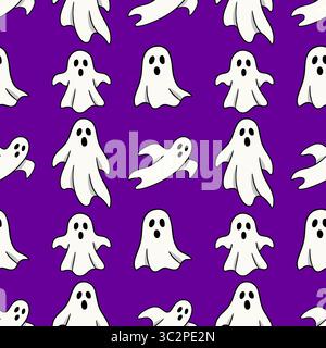 Modèle d'Halloween vectoriel sans couture avec des fantômes de bande dessinée ludiques sur un fond violet vibrant, mettant en vedette diverses poses fantômes pour un desig effrayant mais amusant Illustration de Vecteur