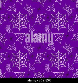 Motif d'Halloween vectoriel sans couture avec des toiles d'araignées blanches et des araignées noires sur un fond violet vibrant, idéal pour des motifs à thème effrayant et festif Illustration de Vecteur