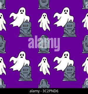 Motif d'Halloween vectoriel sans couture avec fantômes de bande dessinée ludiques et pierres tombales fissurées sur un fond violet vibrant, idéal pour les fantômes festifs effrayants Illustration de Vecteur
