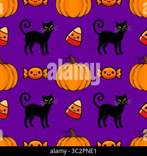 Modèle d'Halloween vectoriel sans couture avec des chats noirs mignons, des citrouilles, du maïs bonbon et des bonbons enveloppés sur un fond violet vibrant, parfait pour festif Illustration de Vecteur