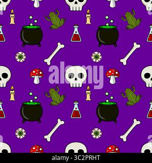 Modèle d'Halloween vecteur sans couture avec crânes de bande dessinée, grenouilles, chaudrons, bougies, os, globes oculaires et champignons sur fond violet, idéal pour spo Illustration de Vecteur