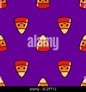 Modèle vectoriel sans couture de personnages de maïs bonbons de dessin animé mignons avec des visages heureux sur un fond violet vibrant, parfait pour les conceptions sur le thème d'Halloween. Illustration de Vecteur