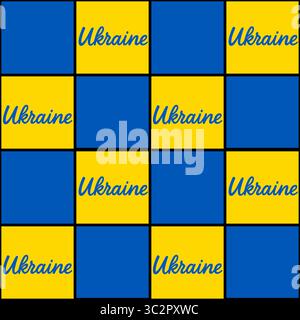 Motif vectoriel sans couture avec un motif en damier en jaune et bleu vif, avec le mot Ukraine élégamment écrit en bleu sur chaque jaune Illustration de Vecteur