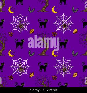 Motif sans couture vectoriel d'Halloween effrayant avec des chats noirs, des toiles d'araignées, des chauves-souris et des arbres morts sur un fond violet vibrant, parfait pour la conception automnale Illustration de Vecteur