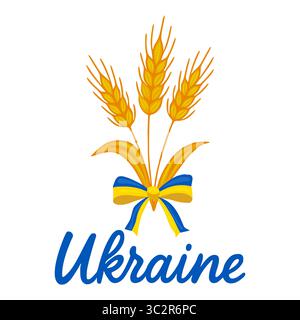 Une charmante illustration vectorielle représentant trois tiges de blé dorées attachées avec un ruban bleu et jaune, symbolisant l'Ukraine, serties sur un blanc propre Illustration de Vecteur