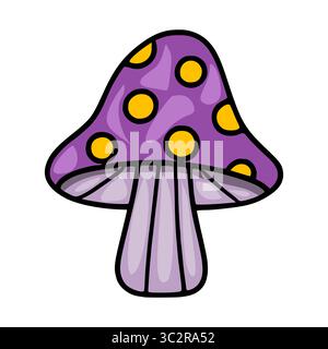 Illustration vectorielle adorable d'un champignon violet fantaisiste avec des pois jaunes, présentant un style cartoonish et une palette de couleurs distincte, parfait f Illustration de Vecteur