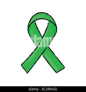 Vecteur de doodle dessiné à la main d'un ruban de conscience vert. Représente la sensibilisation à la santé mentale et le bien-être émotionnel. Idéal pour l'éducation, les sujets de thérapie Illustration de Vecteur