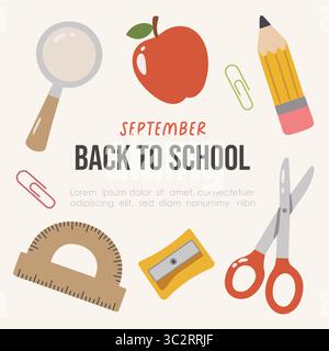Retour à l'école griffonner des éléments. Informations générales sur les consommables. Illustration de fournitures scolaires. Papeterie Illustration de Vecteur