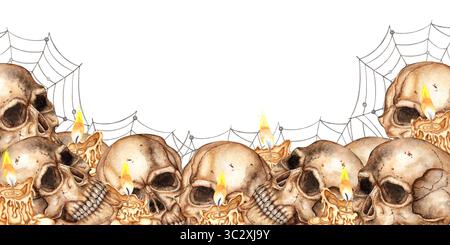 Crânes humains, araignée et bougies fond, cadre rectangulaire. Illustration gothique aquarelle. Convient pour Halloween, Day of the Dead, Creepy Prints, te Banque D'Images